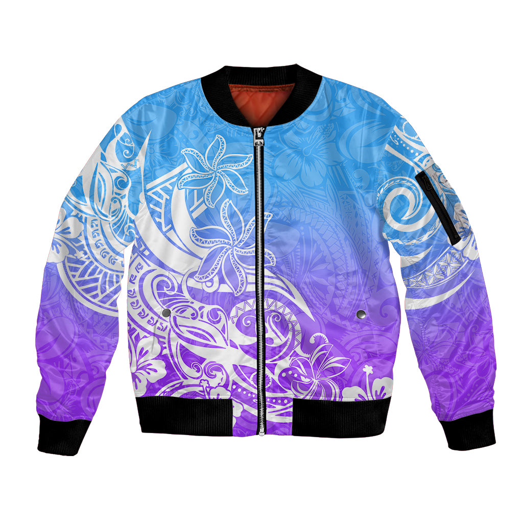 Polynesian Sunset Plumeria Sleeve Zip Bomber Jacket Pacific Island Tribal Blue Style LT9 Unisex Blue - Polynesian Pride