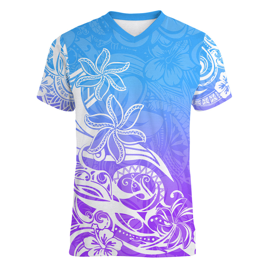 Polynesian Sunset Plumeria Women V Neck T Shirt Pacific Island Tribal Blue Style LT9 Female Blue - Polynesian Pride