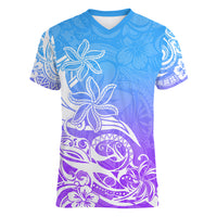 Polynesian Sunset Plumeria Women V Neck T Shirt Pacific Island Tribal Blue Style LT9 Female Blue - Polynesian Pride