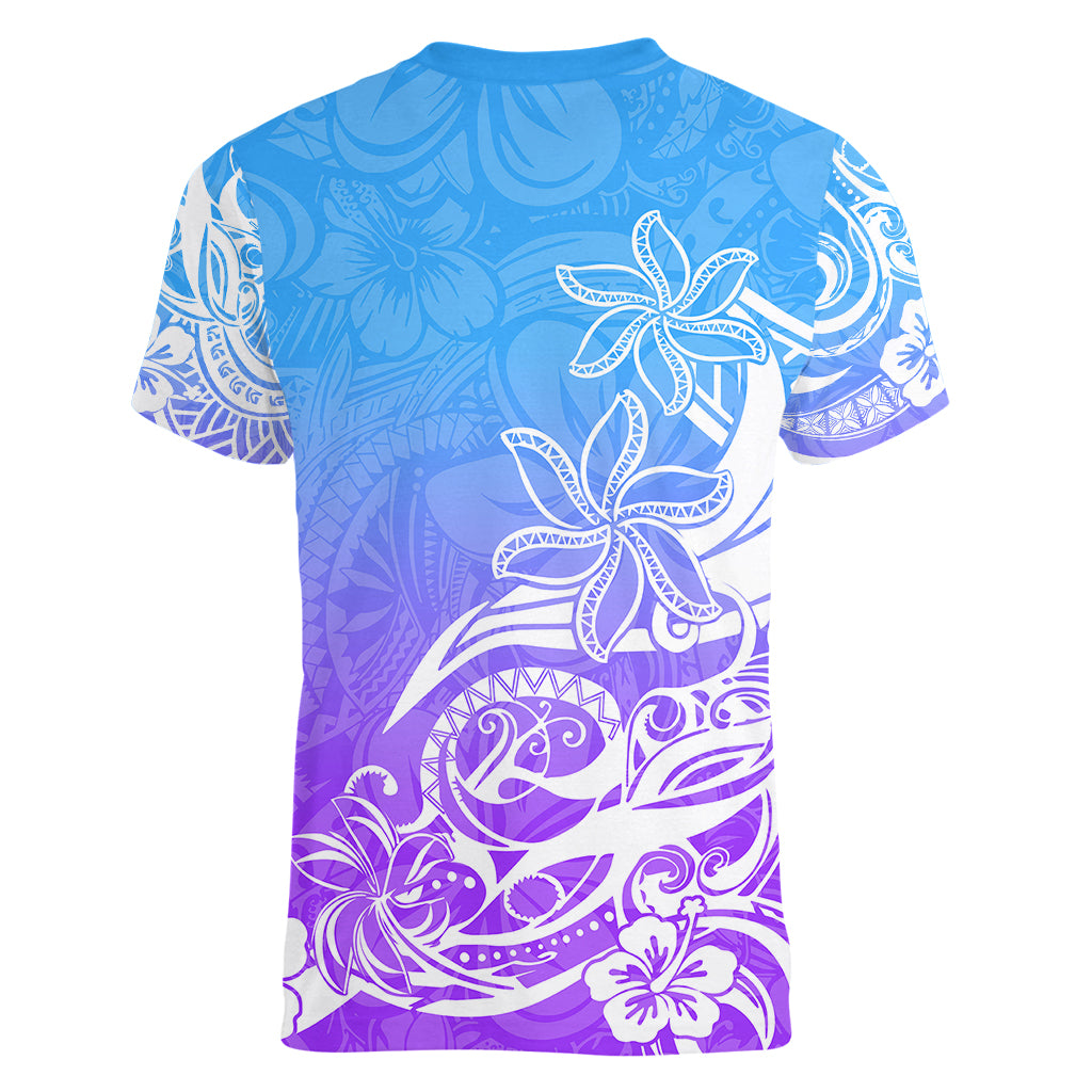 Polynesian Sunset Plumeria Women V Neck T Shirt Pacific Island Tribal Blue Style LT9 - Polynesian Pride