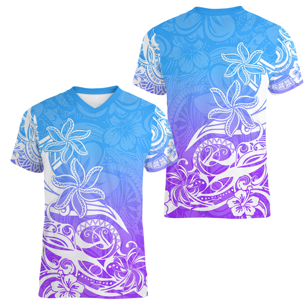 Polynesian Sunset Plumeria Women V Neck T Shirt Pacific Island Tribal Blue Style LT9 - Polynesian Pride