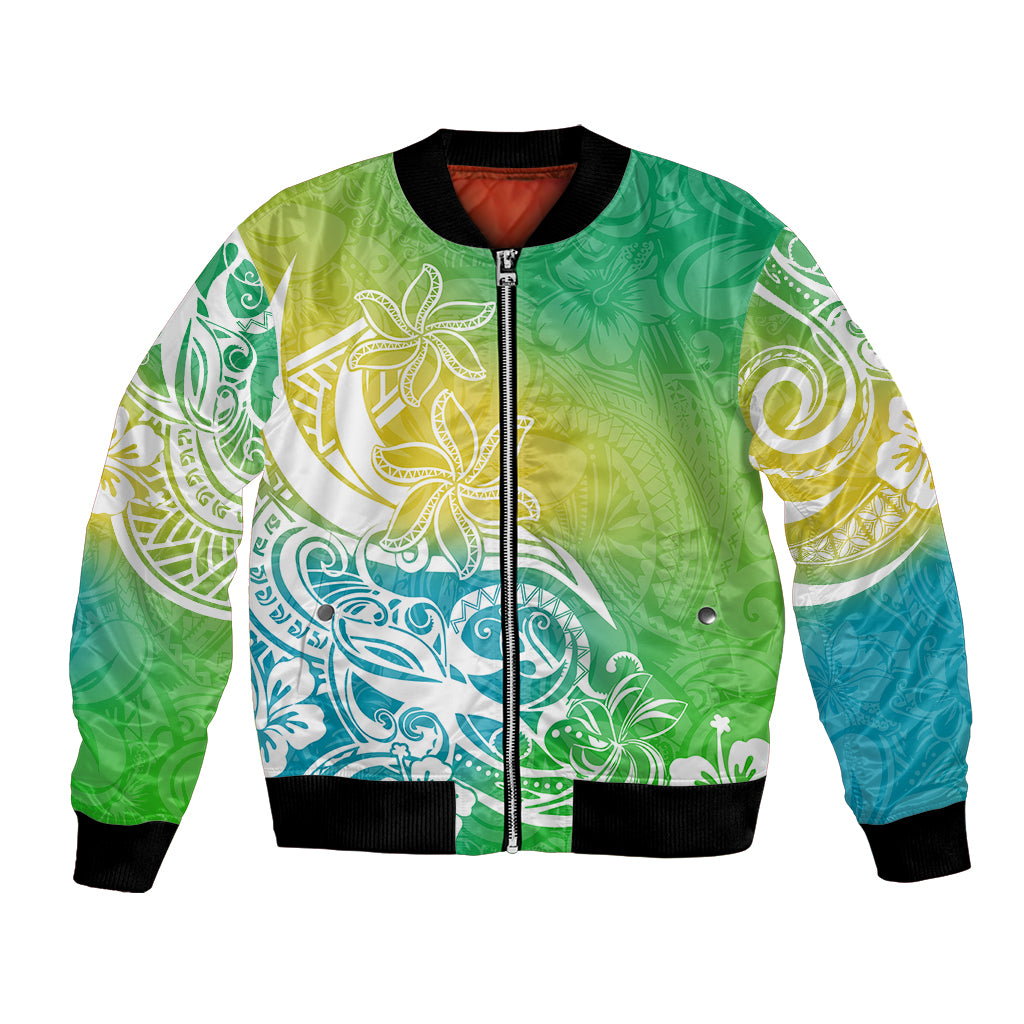 Polynesian Sunset Plumeria Bomber Jacket Pacific Island Tribal Green Style LT9 Unisex Green - Polynesian Pride