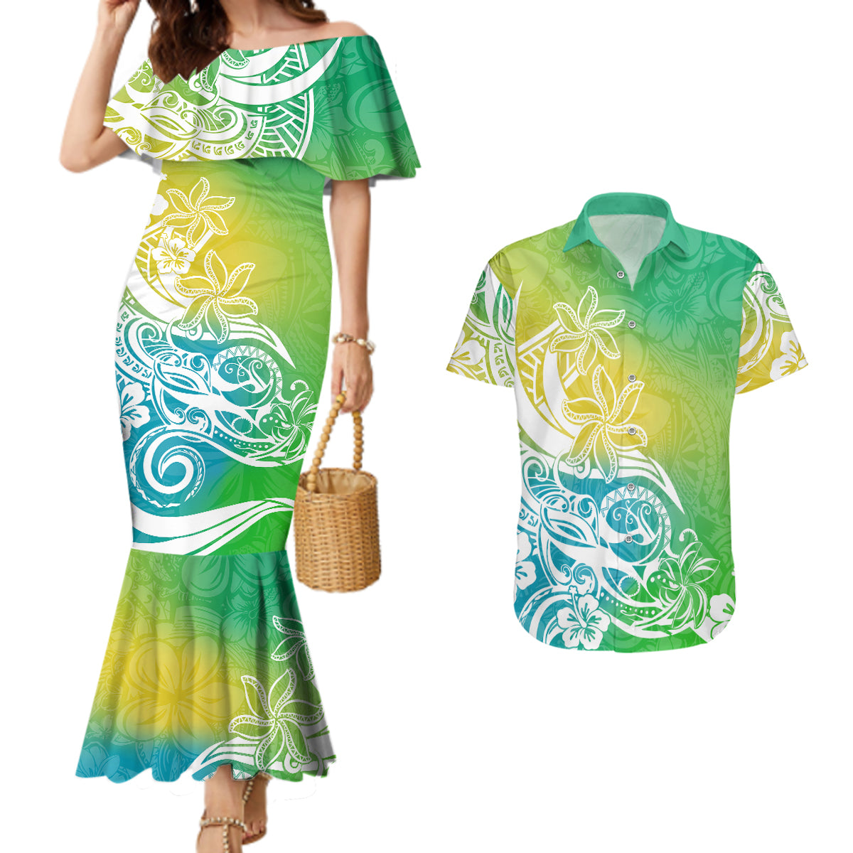 Polynesian Sunset Plumeria Couples Matching Mermaid Dress and Hawaiian Shirt Pacific Island Tribal Green Style LT9 Green - Polynesian Pride