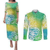 Polynesian Sunset Plumeria Couples Matching Puletasi Dress and Long Sleeve Button Shirts Pacific Island Tribal Green Style LT9 Green - Polynesian Pride