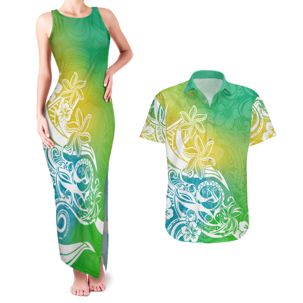 Polynesian Sunset Plumeria Couples Matching Tank Maxi Dress and Hawaiian Shirt Pacific Island Tribal Green Style LT9 Green - Polynesian Pride