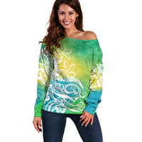 Polynesian Sunset Plumeria Off Shoulder Sweater Pacific Island Tribal Green Style LT9 Women Green - Polynesian Pride