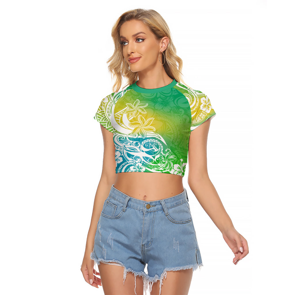 Polynesian Sunset Plumeria Raglan Cropped T Shirt Pacific Island Tribal Green Style LT9 Female Green - Polynesian Pride