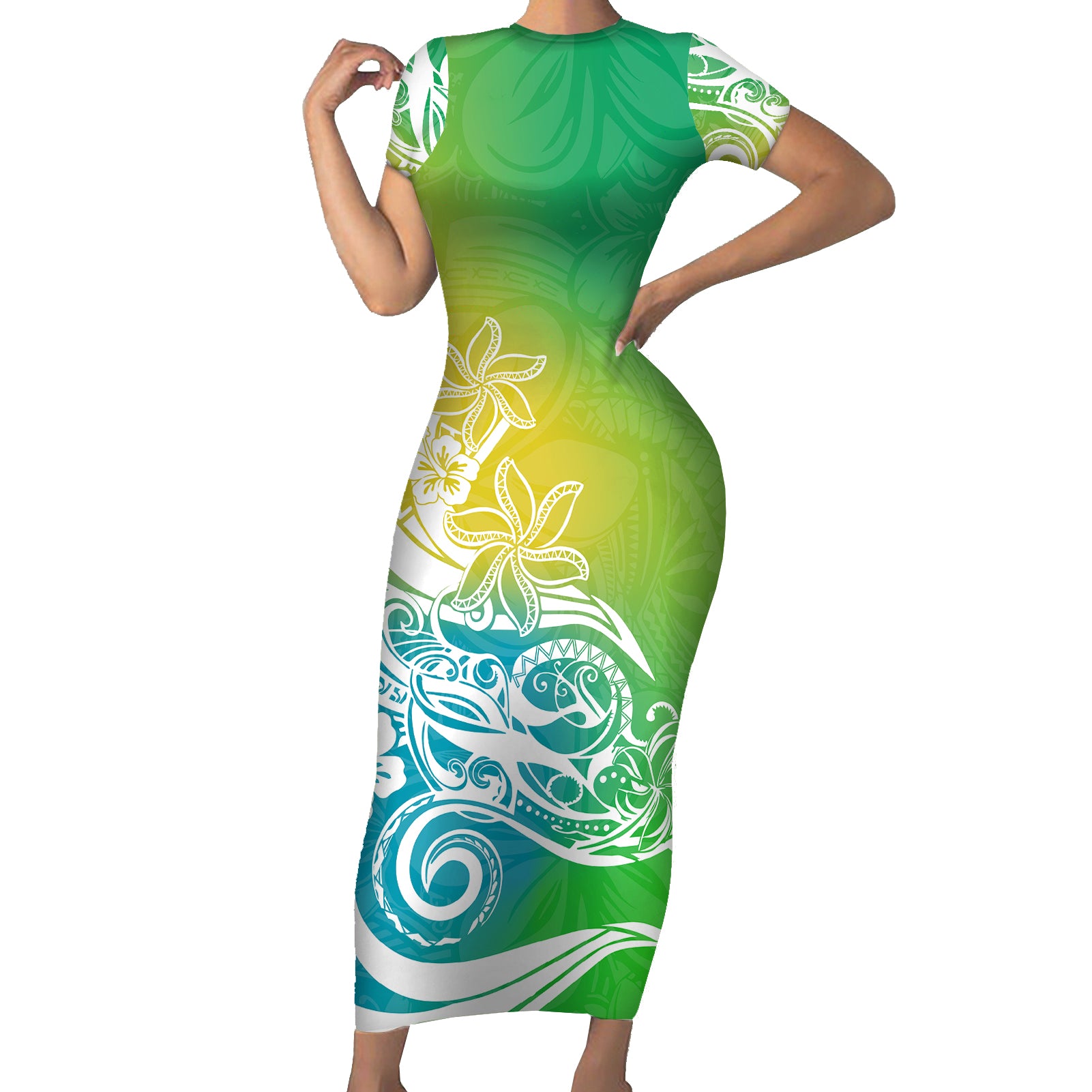 Polynesian Sunset Plumeria Short Sleeve Bodycon Dress Pacific Island Tribal Green Style LT9 Long Dress Green - Polynesian Pride