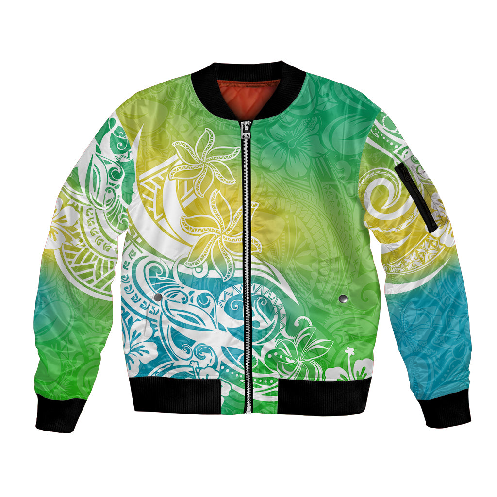 Polynesian Sunset Plumeria Sleeve Zip Bomber Jacket Pacific Island Tribal Green Style LT9 Unisex Green - Polynesian Pride