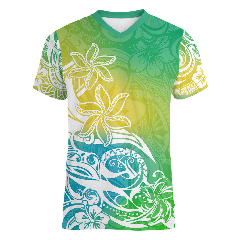 Polynesian Sunset Plumeria Women V Neck T Shirt Pacific Island Tribal Green Style LT9 Female Green - Polynesian Pride