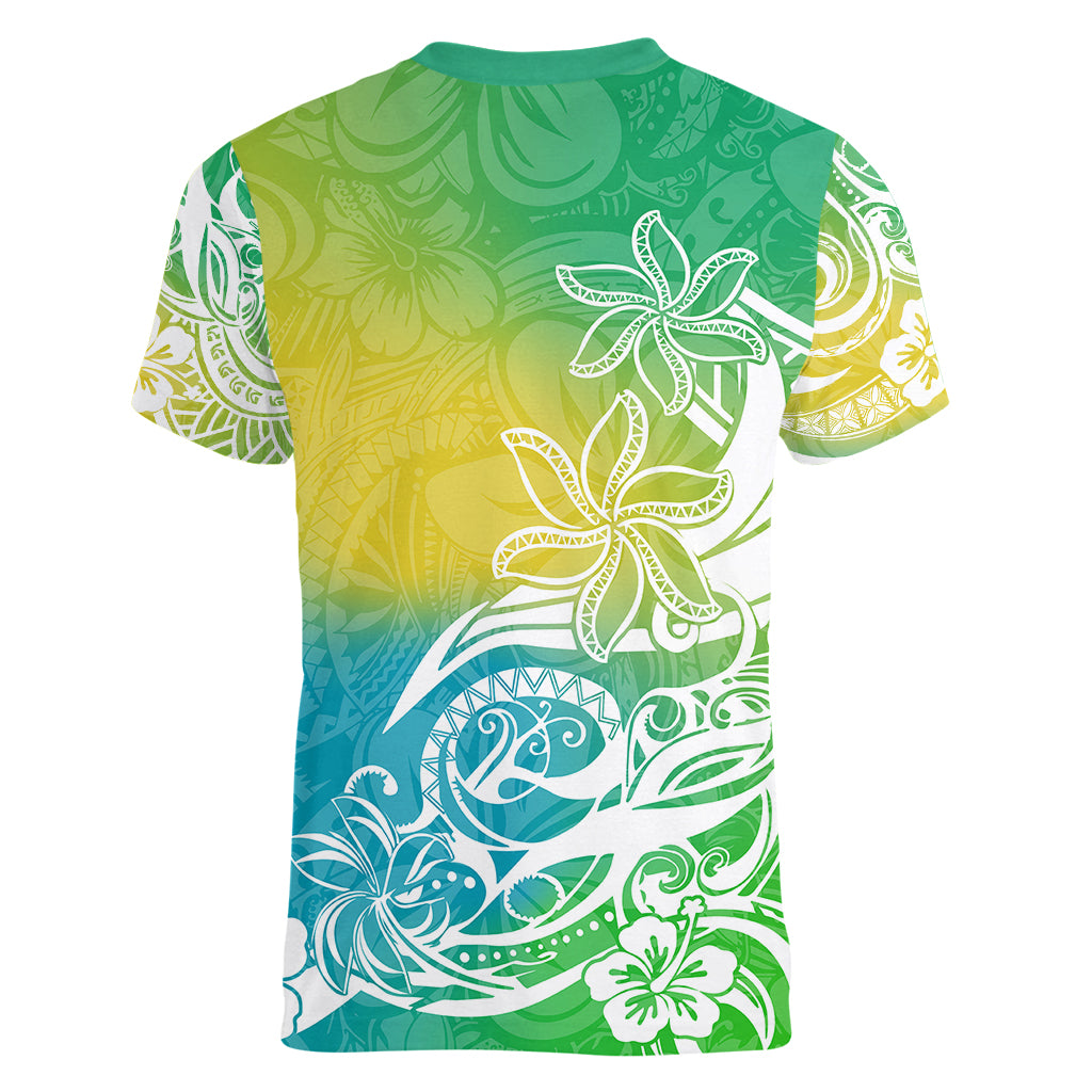 Polynesian Sunset Plumeria Women V Neck T Shirt Pacific Island Tribal Green Style LT9 - Polynesian Pride