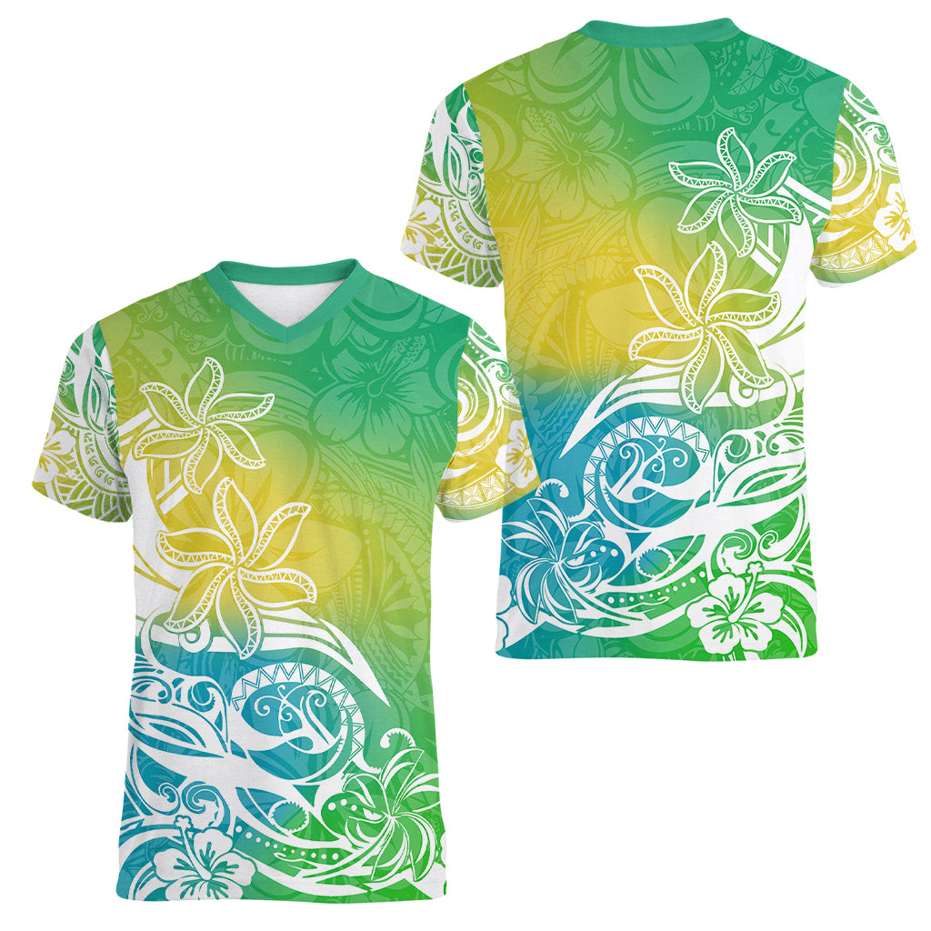 Polynesian Sunset Plumeria Women V Neck T Shirt Pacific Island Tribal Green Style LT9 - Polynesian Pride
