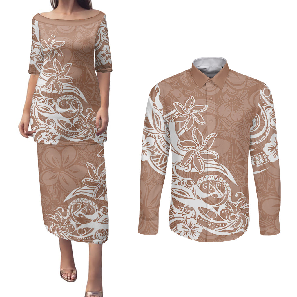 Polynesian Sunset Plumeria Couples Matching Puletasi Dress and Long Sleeve Button Shirts Pacific Island Tribal Nude Style LT9 Nude - Polynesian Pride