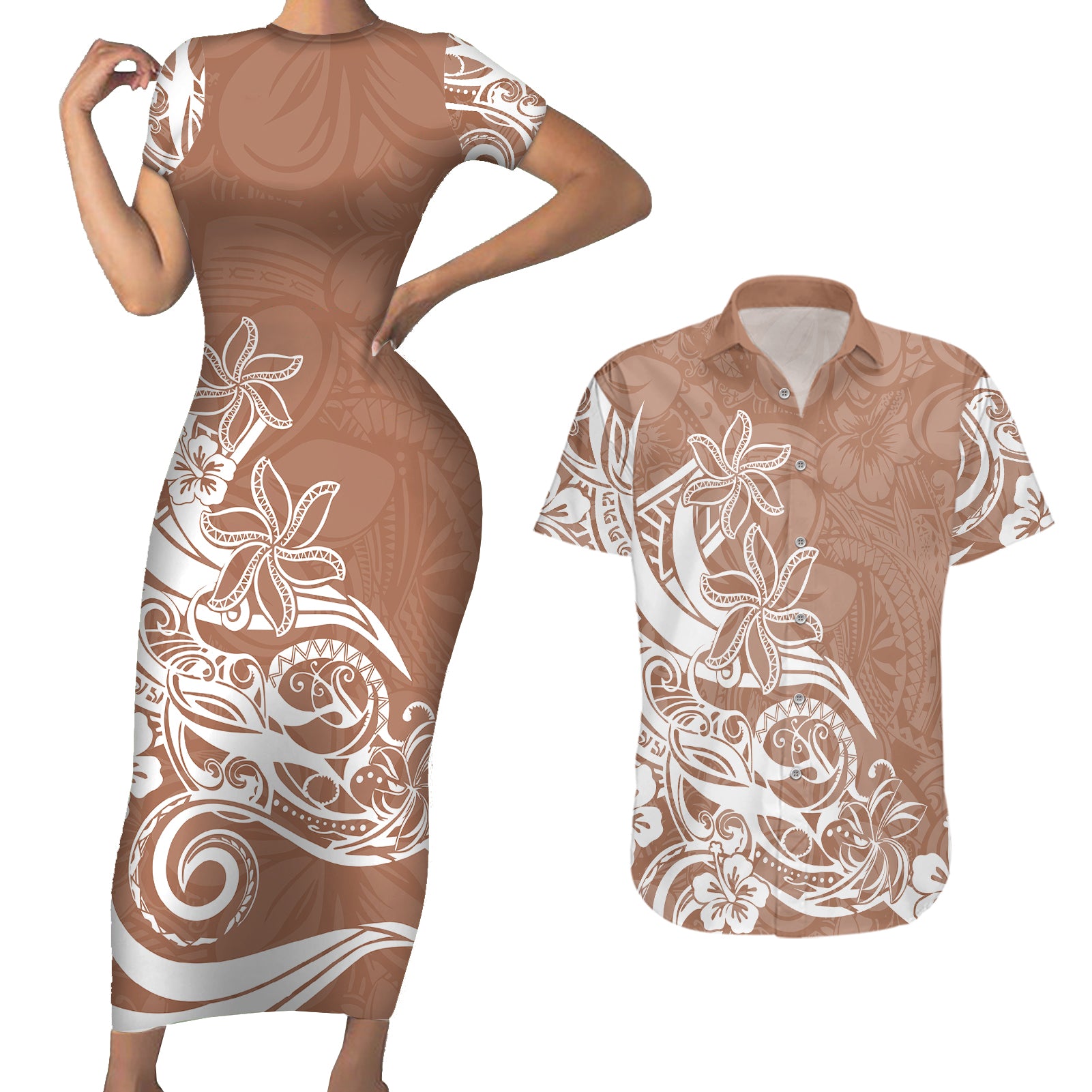 Polynesian Sunset Plumeria Couples Matching Short Sleeve Bodycon Dress and Hawaiian Shirt Pacific Island Tribal Nude Style LT9 Nude - Polynesian Pride