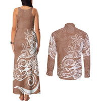 Polynesian Sunset Plumeria Couples Matching Tank Maxi Dress and Long Sleeve Button Shirts Pacific Island Tribal Nude Style LT9 - Polynesian Pride