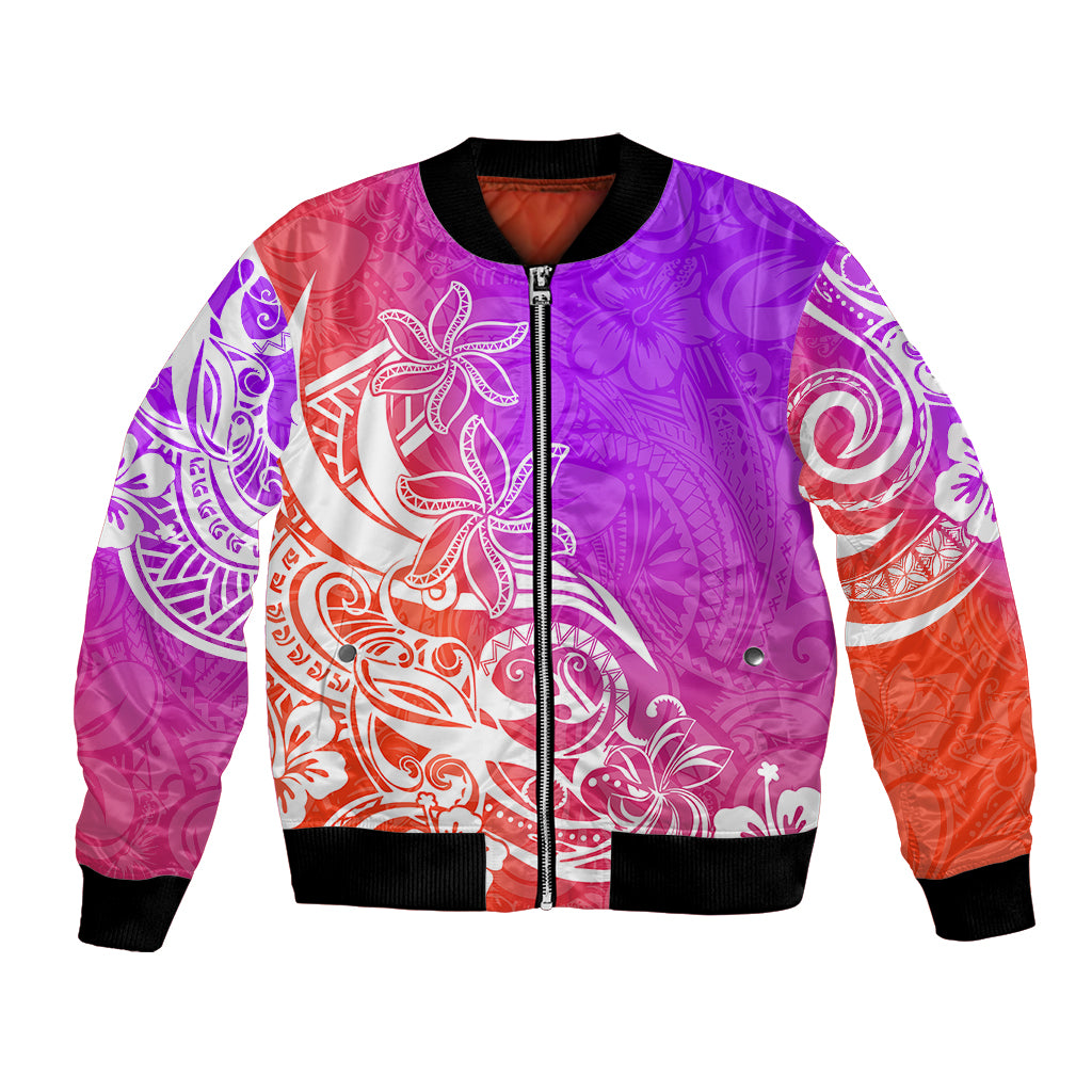 Polynesian Sunset Plumeria Bomber Jacket Pacific Island Tribal Purple Style LT9 Unisex Purple - Polynesian Pride