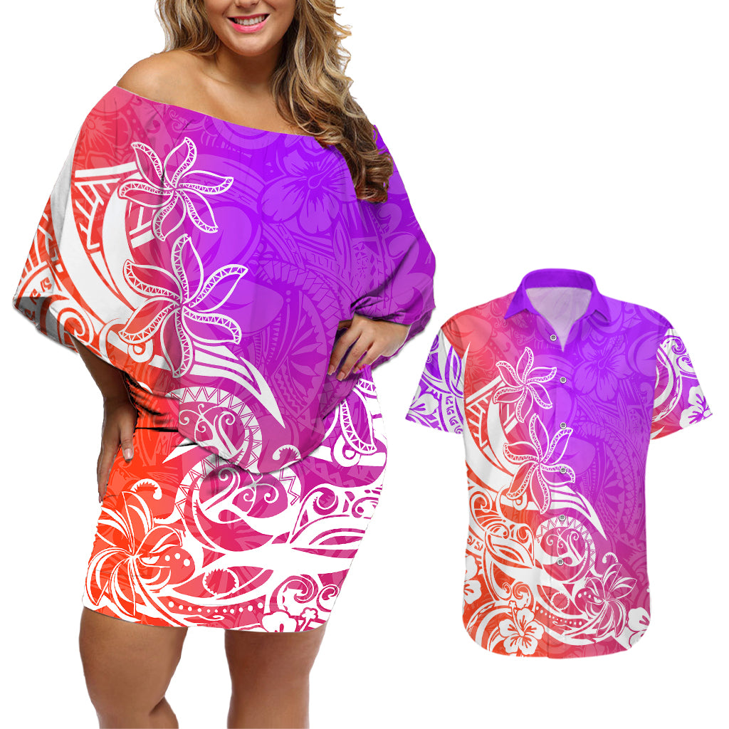 Polynesian Sunset Plumeria Couples Matching Off Shoulder Short Dress and Hawaiian Shirt Pacific Island Tribal Purple Style LT9 Purple - Polynesian Pride