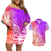 Polynesian Sunset Plumeria Couples Matching Off Shoulder Short Dress and Hawaiian Shirt Pacific Island Tribal Purple Style LT9 Purple - Polynesian Pride