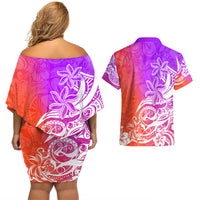 Polynesian Sunset Plumeria Couples Matching Off Shoulder Short Dress and Hawaiian Shirt Pacific Island Tribal Purple Style LT9 - Polynesian Pride