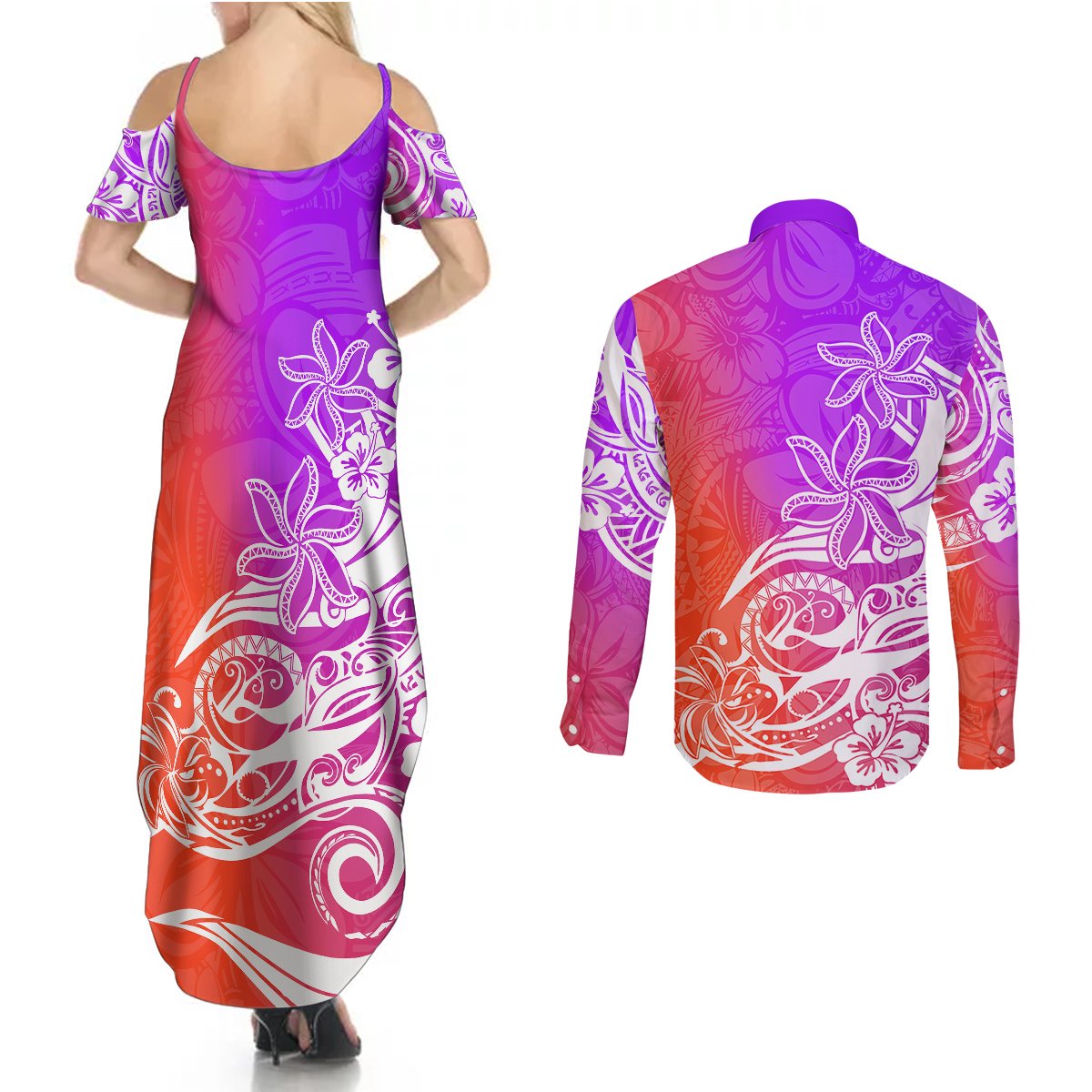 Polynesian Sunset Plumeria Couples Matching Summer Maxi Dress and Long Sleeve Button Shirts Pacific Island Tribal Purple Style LT9 - Polynesian Pride