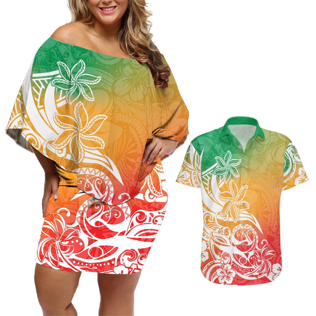 Polynesian Sunset Plumeria Couples Matching Off Shoulder Short Dress and Hawaiian Shirt Pacific Island Tribal Reggae Style LT9 Reggae - Polynesian Pride