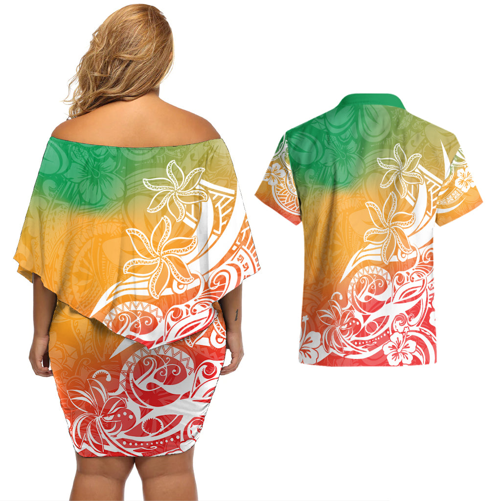 Polynesian Sunset Plumeria Couples Matching Off Shoulder Short Dress and Hawaiian Shirt Pacific Island Tribal Reggae Style LT9 - Polynesian Pride