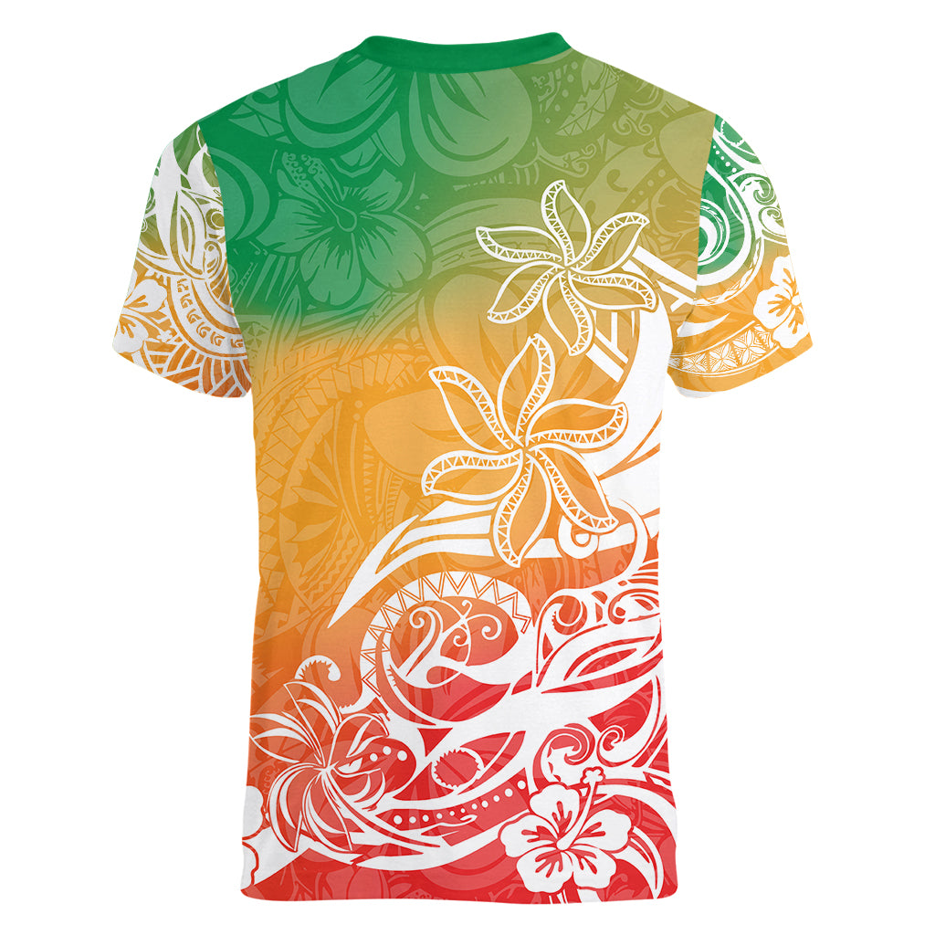Polynesian Sunset Plumeria Women V Neck T Shirt Pacific Island Tribal Reggae Style LT9 - Polynesian Pride