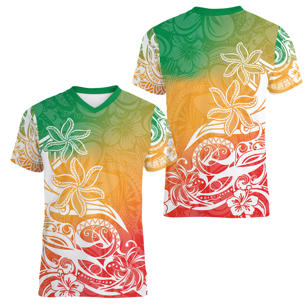 Polynesian Sunset Plumeria Women V Neck T Shirt Pacific Island Tribal Reggae Style LT9 - Polynesian Pride