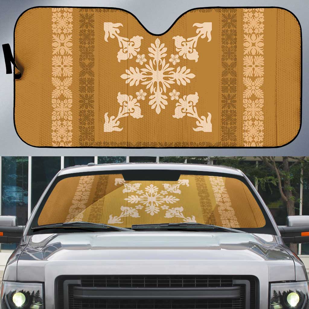 Hawaiian Quilt Block Design Auto Sun Shade Gold Hawaii Culture Motifs - Polynesian Pride
