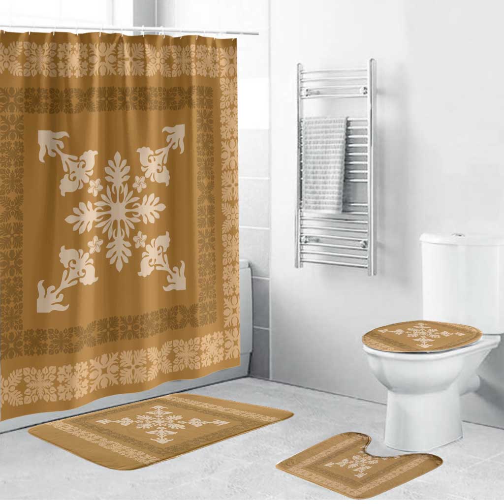 Hawaiian Quilt Block Design Bathroom Set Gold Hawaii Culture Motifs - Polynesian Pride