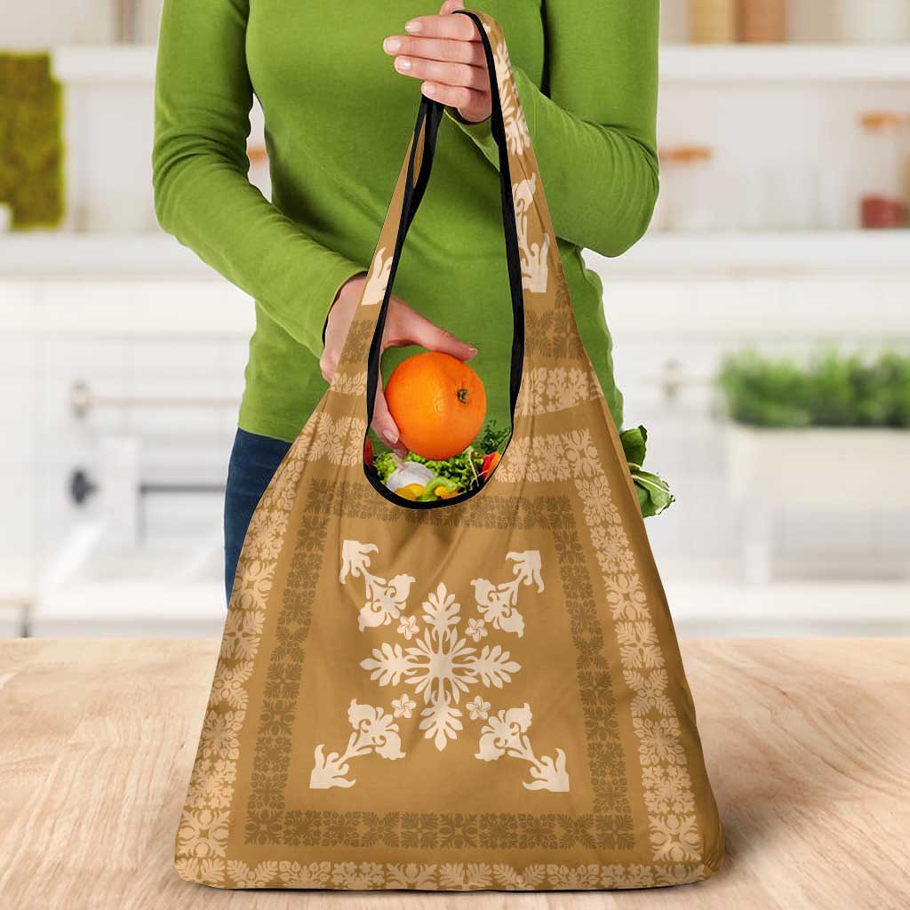 Hawaiian Quilt Block Design Grocery Bag Gold Hawaii Culture Motifs - Polynesian Pride