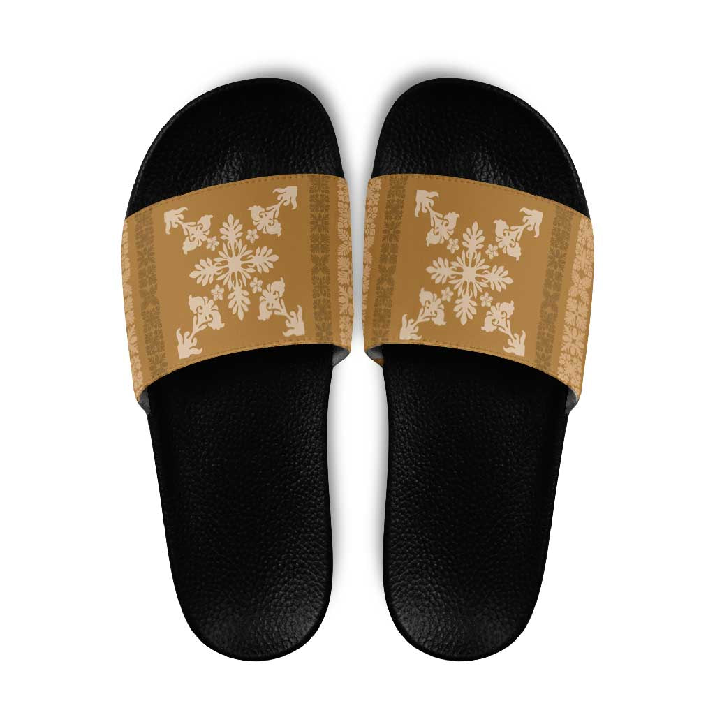 Hawaiian Quilt Block Design Slide Sandals Gold Hawaii Culture Motifs - Polynesian Pride