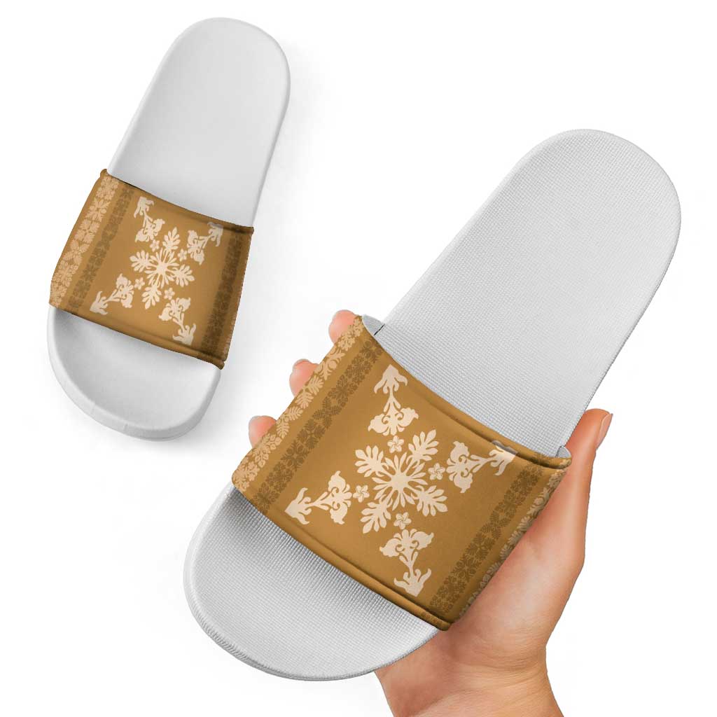 Hawaiian Quilt Block Design Slide Sandals Gold Hawaii Culture Motifs - Polynesian Pride