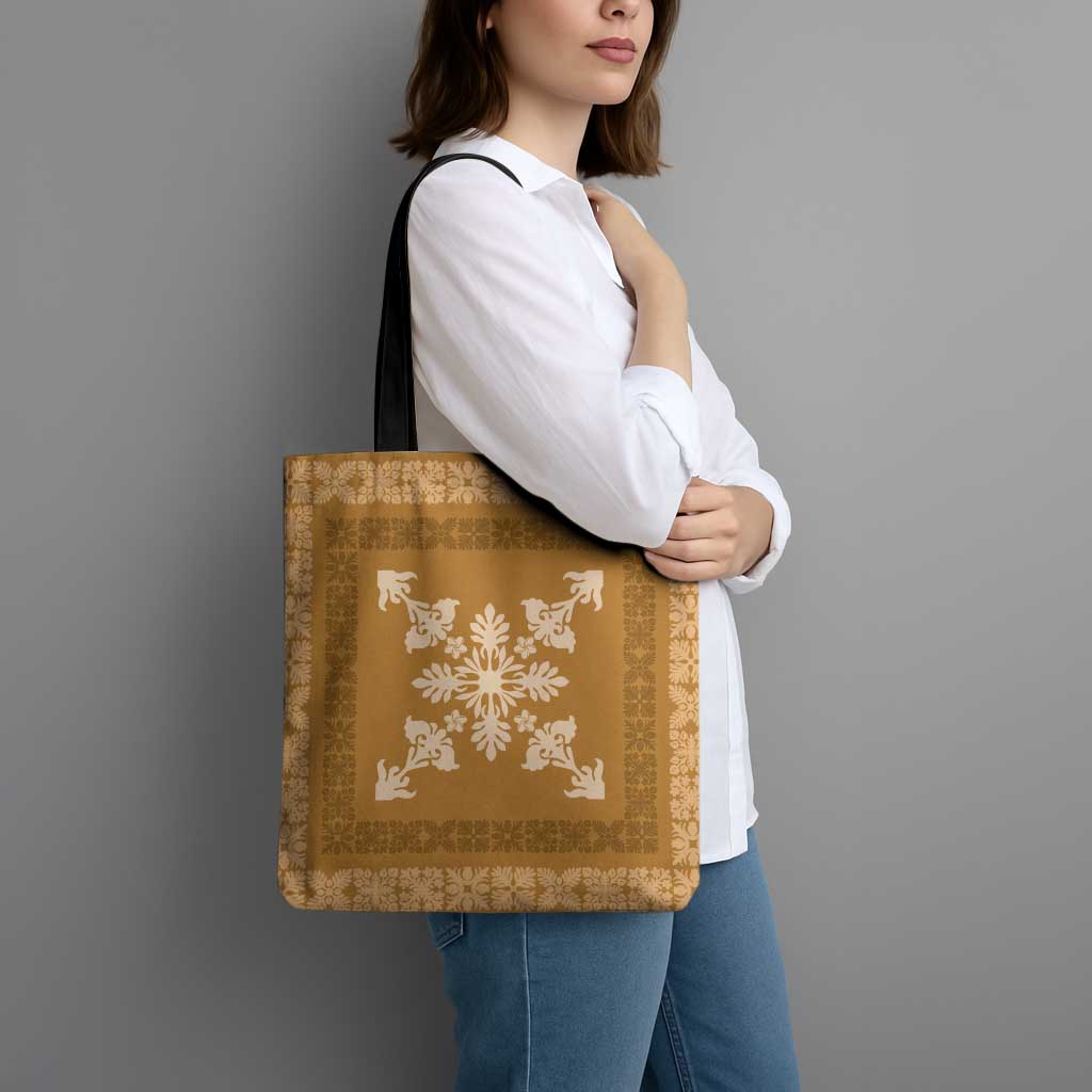 Hawaiian Quilt Block Design Tote Bag Gold Hawaii Culture Motifs - Polynesian Pride