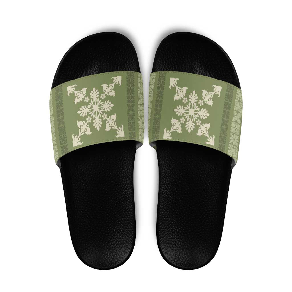 Hawaiian Quilt Block Design Slide Sandals Lime Hawaii Culture Motifs - Polynesian Pride