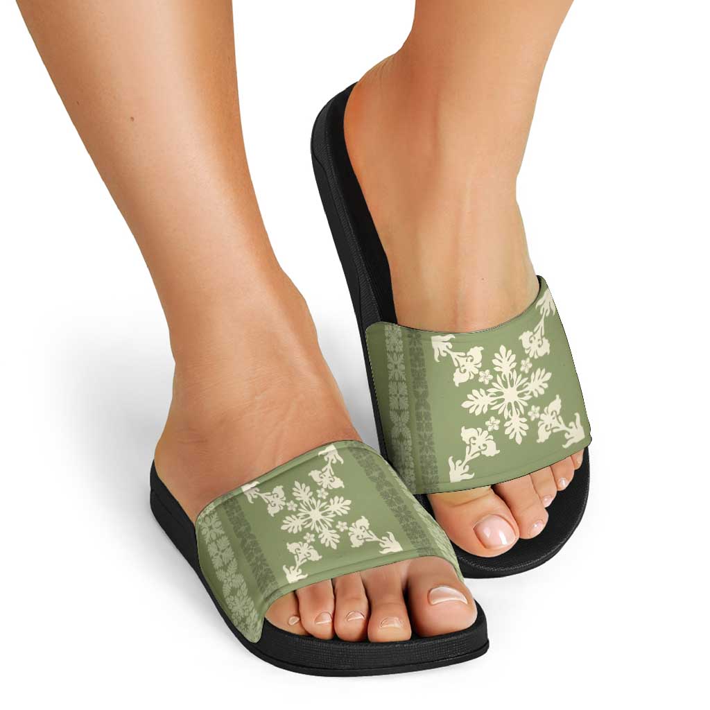 Hawaiian Quilt Block Design Slide Sandals Lime Hawaii Culture Motifs - Polynesian Pride