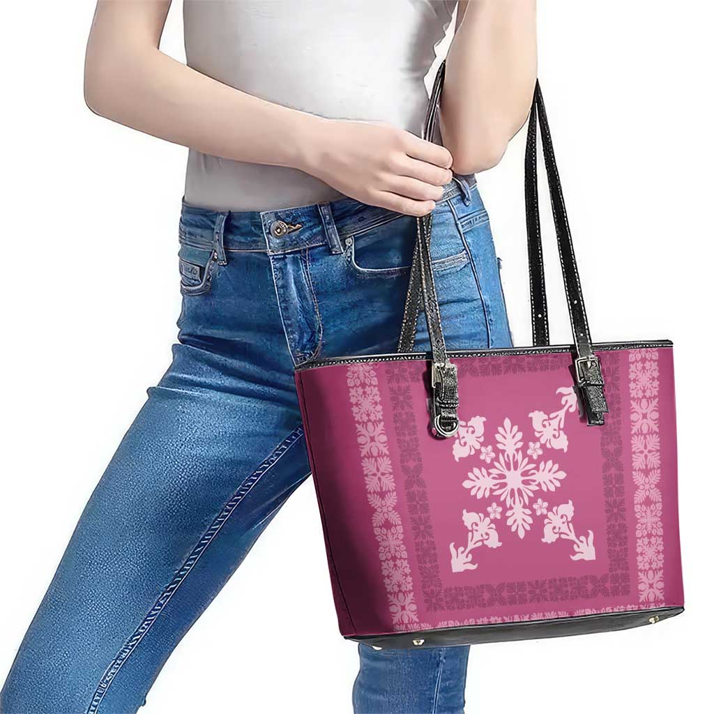 Hawaiian Quilt Block Design Leather Tote Bag Pink Hawaii Culture Motifs - Polynesian Pride