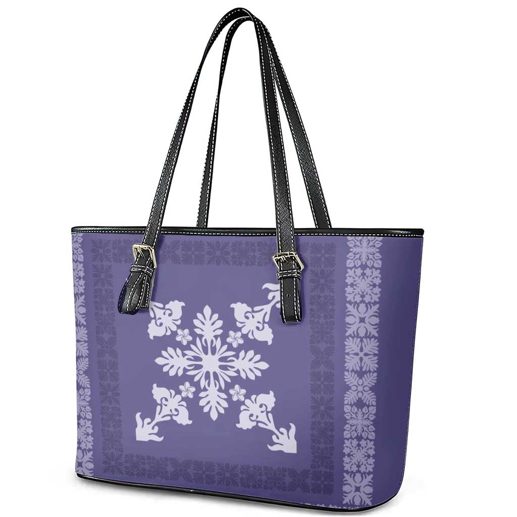 Hawaiian Quilt Block Design Leather Tote Bag Purple Hawaii Culture Motifs - Polynesian Pride