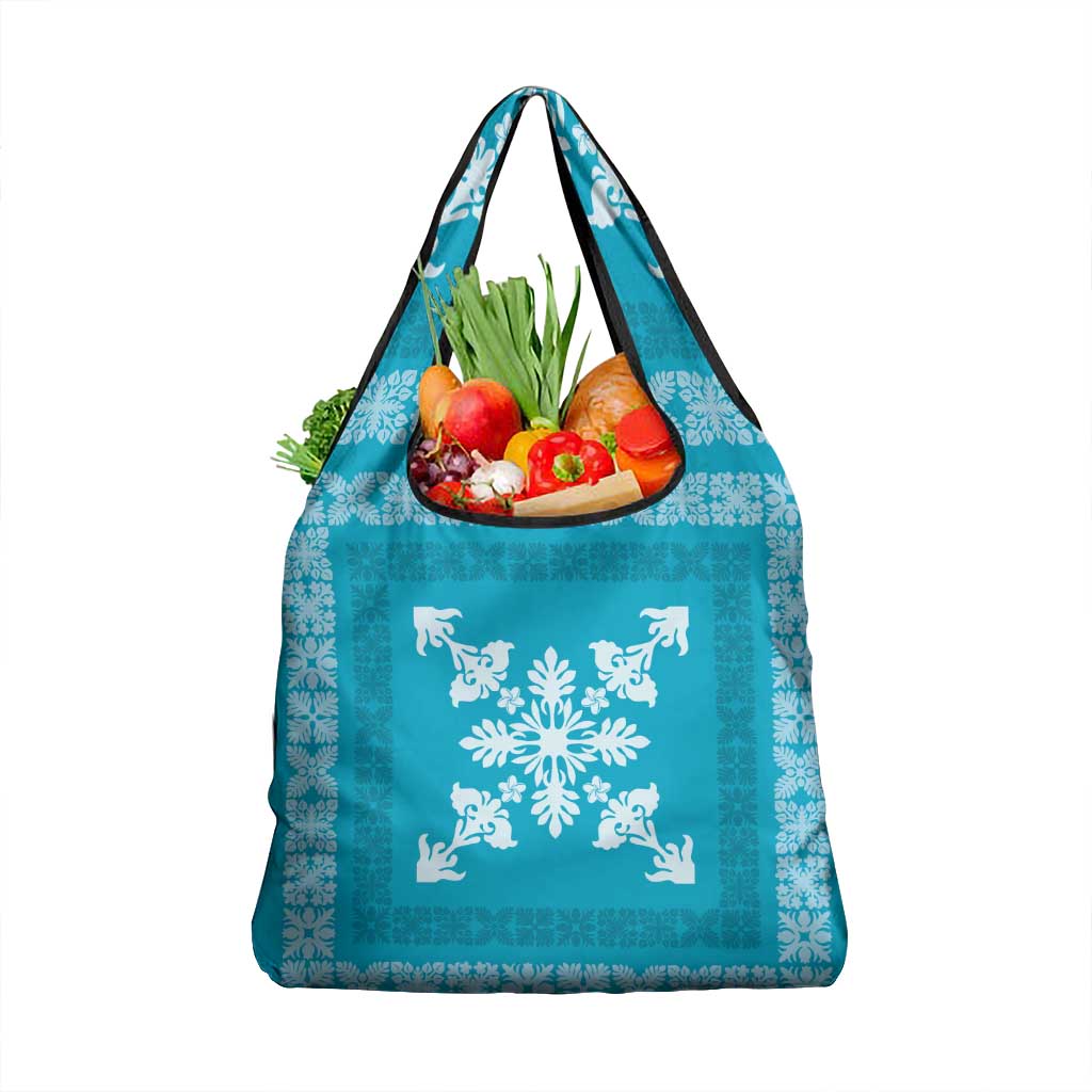 Hawaiian Quilt Block Design Grocery Bag Teal Hawaii Culture Motifs LT9 1-pack One Size Teal - Polynesian Pride