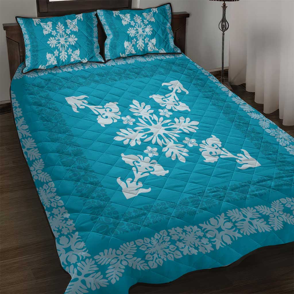Hawaiian Quilt Block Design Quilt Bed Set Teal Hawaii Culture Motifs - Polynesian Pride