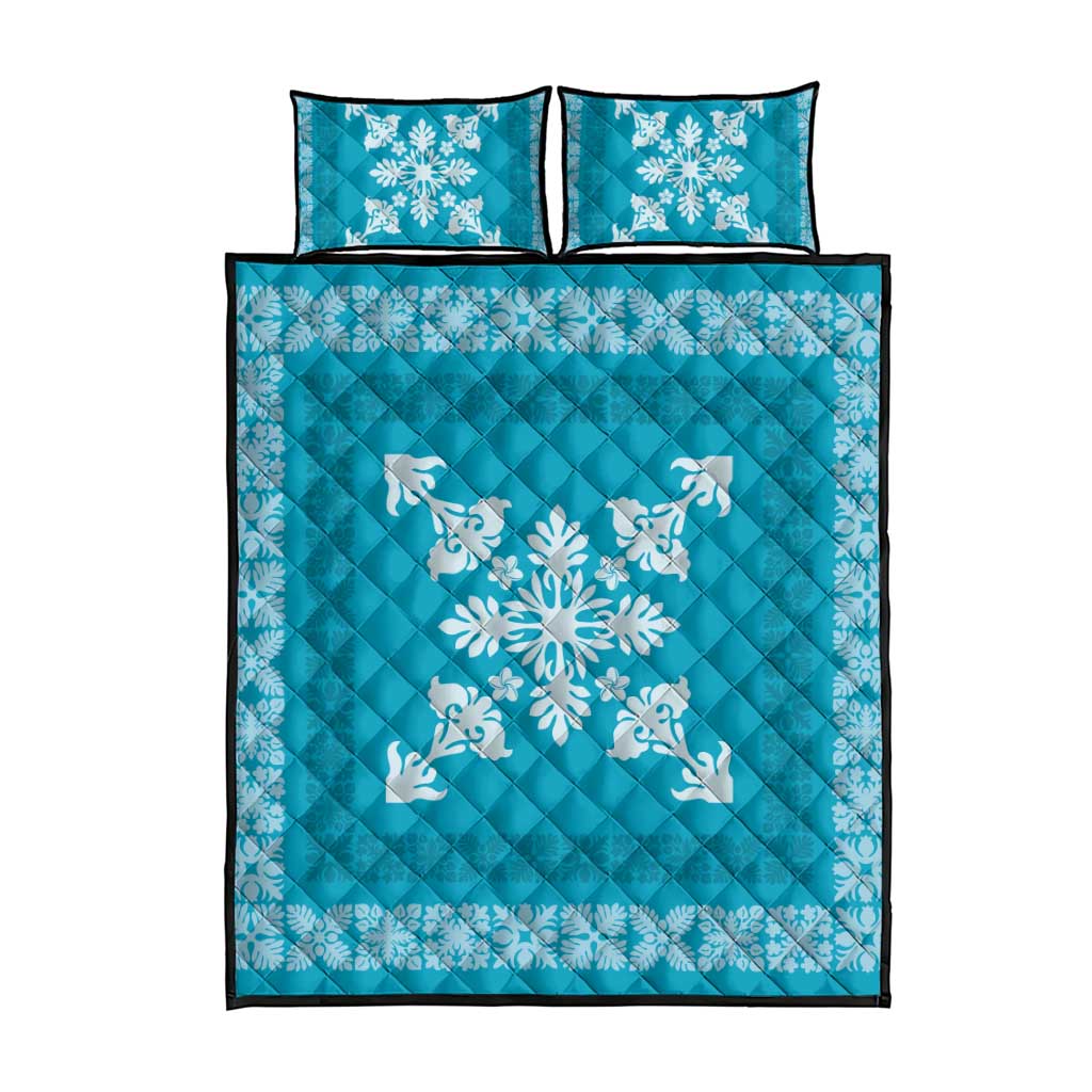 Hawaiian Quilt Block Design Quilt Bed Set Teal Hawaii Culture Motifs - Polynesian Pride