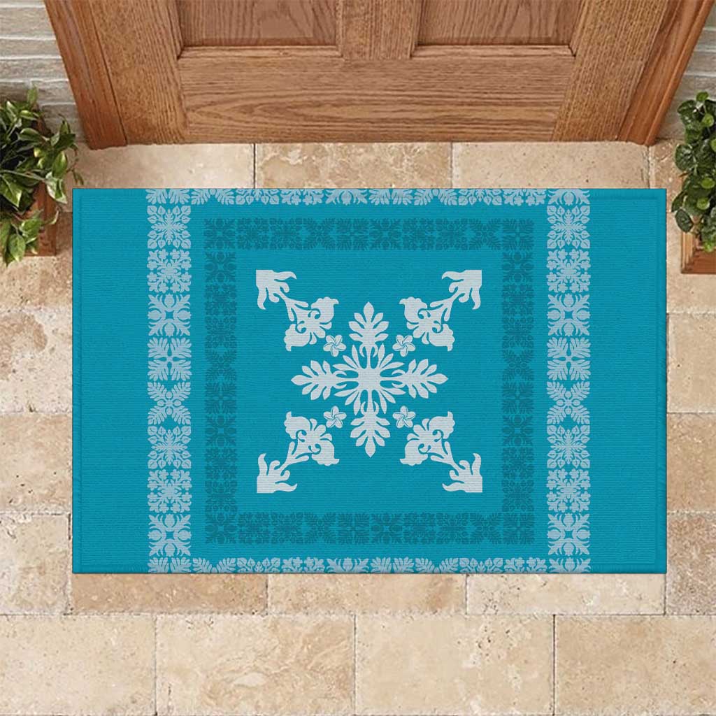 Hawaiian Quilt Block Design Rubber Doormat Teal Hawaii Culture Motifs LT9 Teal - Polynesian Pride