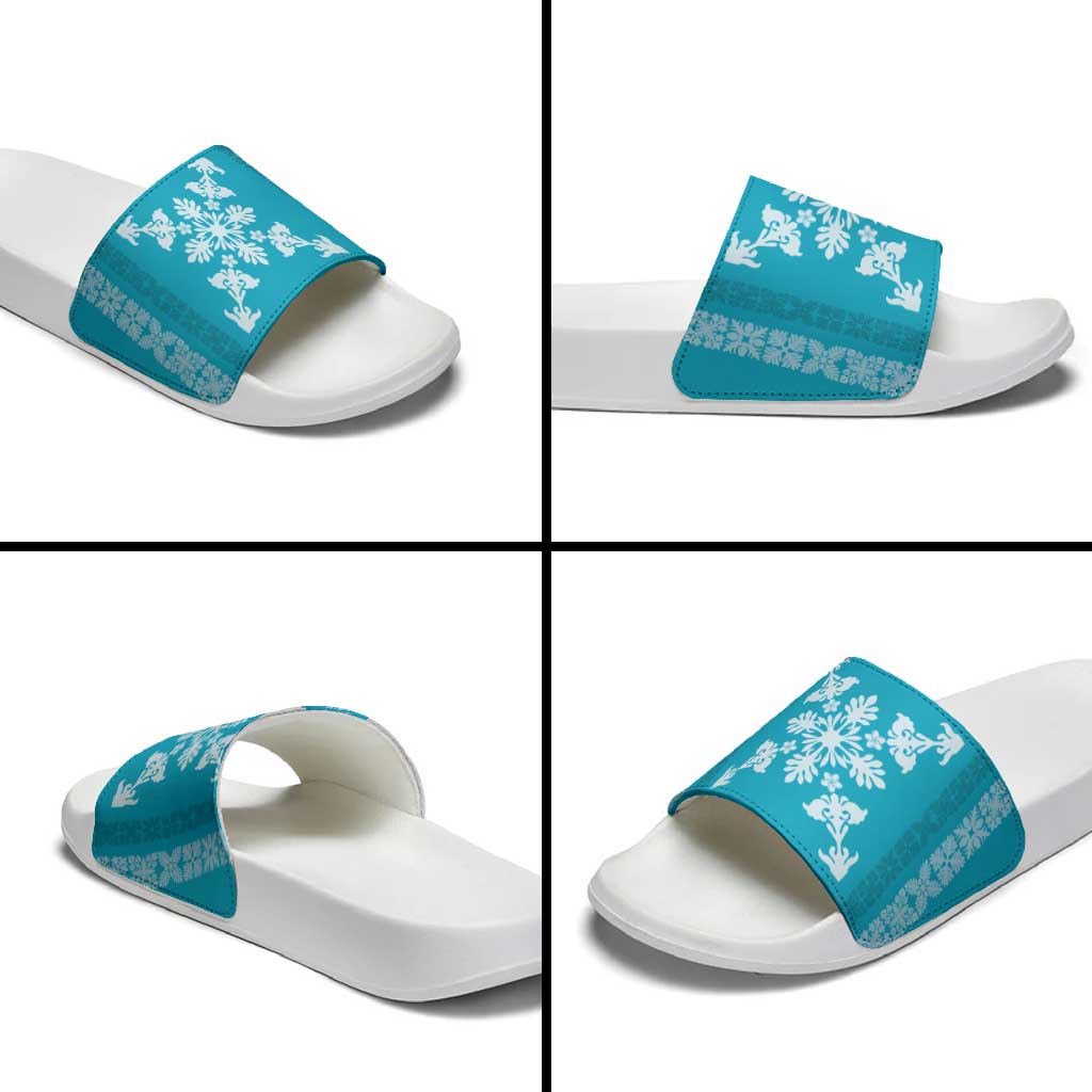 Hawaiian Quilt Block Design Slide Sandals Teal Hawaii Culture Motifs - Polynesian Pride