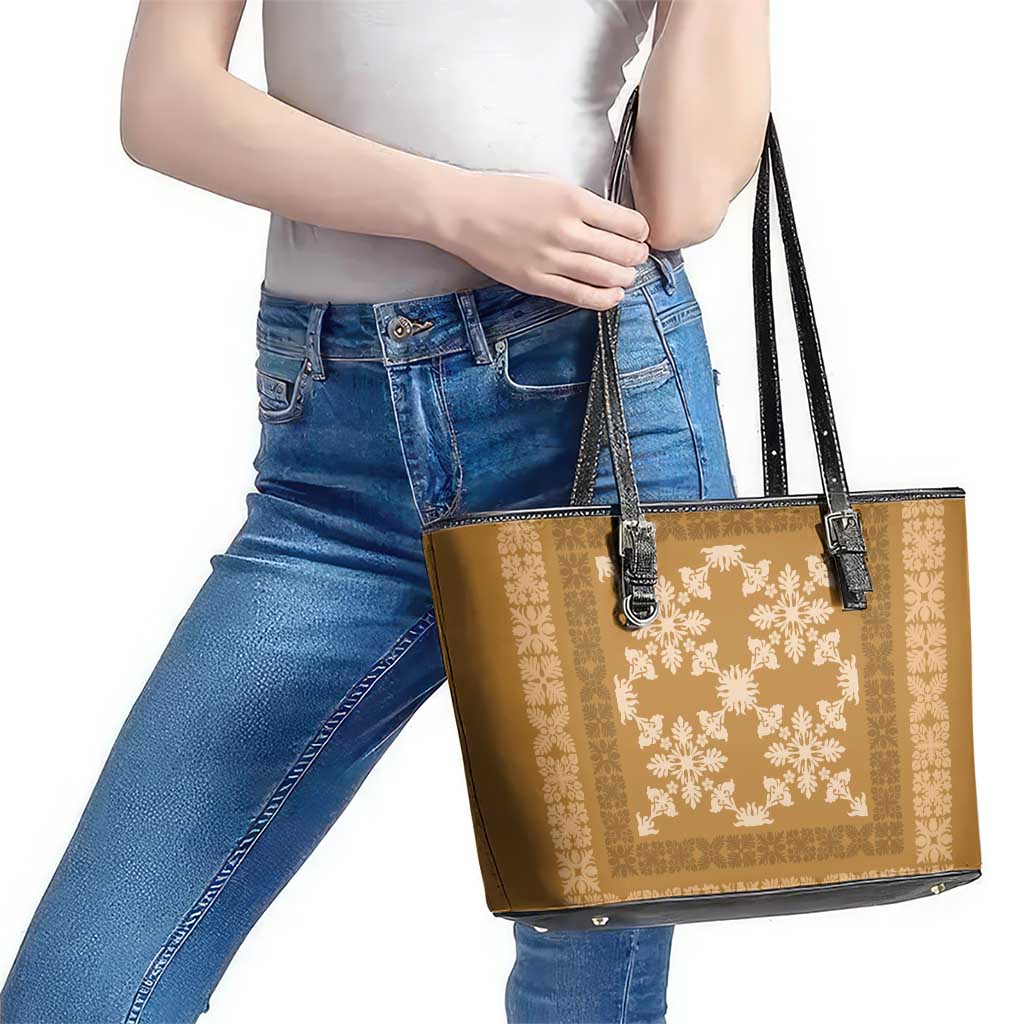Hawaiian Quilt Pattern Leather Tote Bag Gold Hawaii Culture Tropical - Polynesian Pride