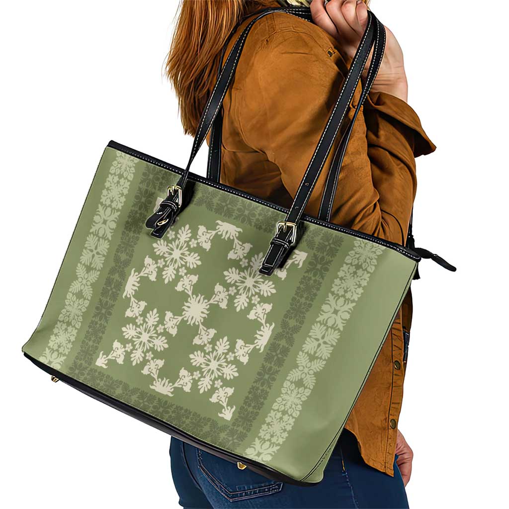 Hawaiian Quilt Pattern Leather Tote Bag Lime Hawaii Culture Tropical - Polynesian Pride