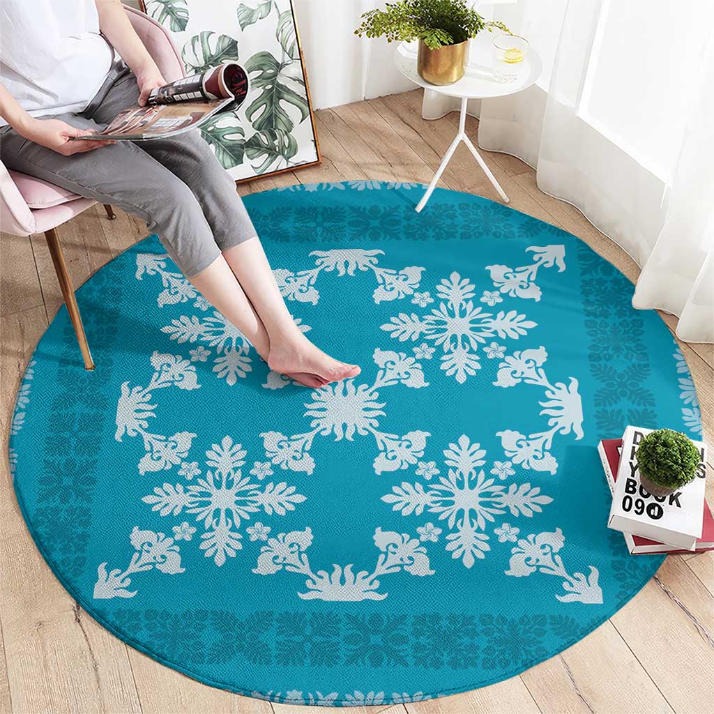 Hawaiian Quilt Pattern Round Carpet Teal Hawaii Culture Tropical - Polynesian Pride