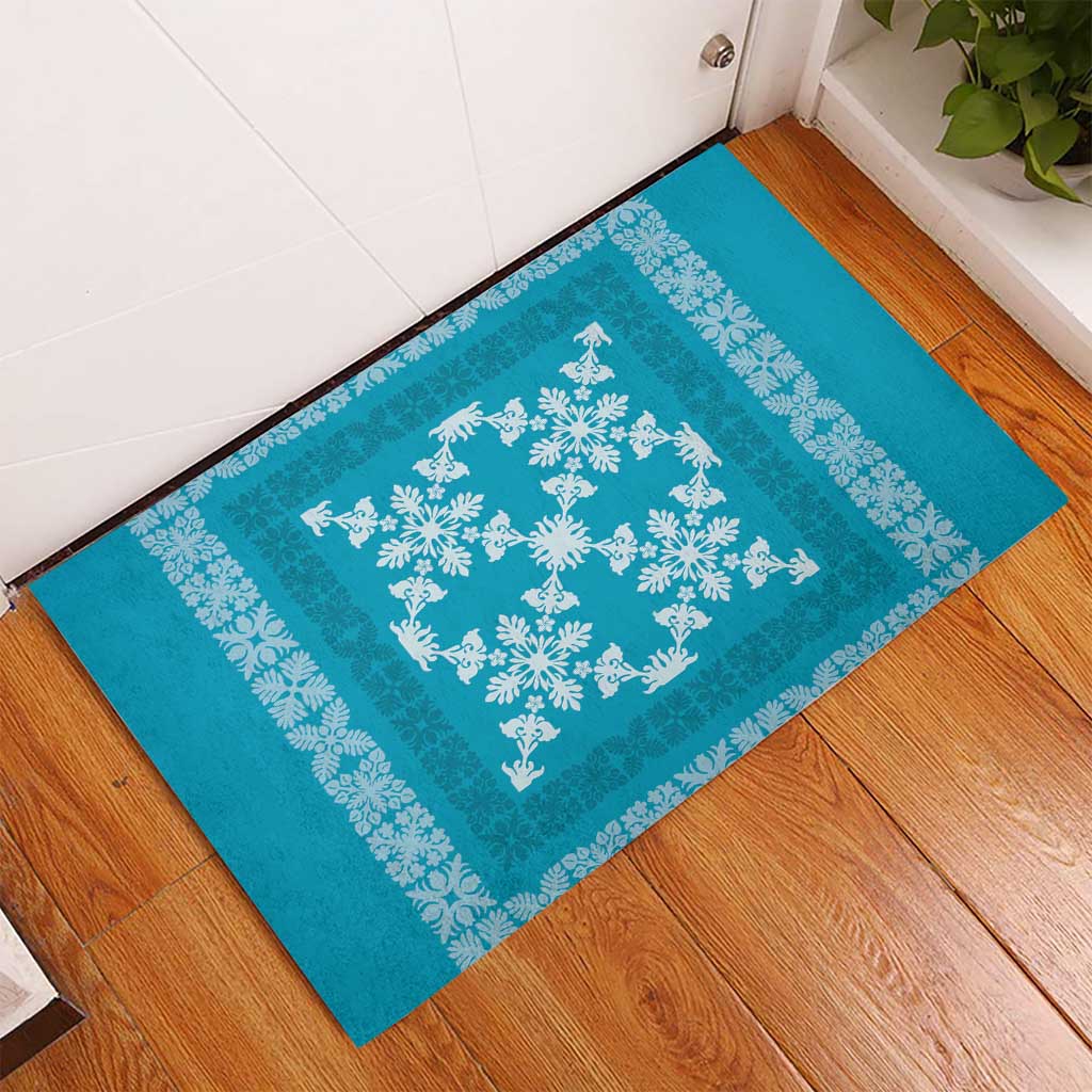 Hawaiian Quilt Pattern Rubber Doormat Teal Hawaii Culture Tropical - Polynesian Pride
