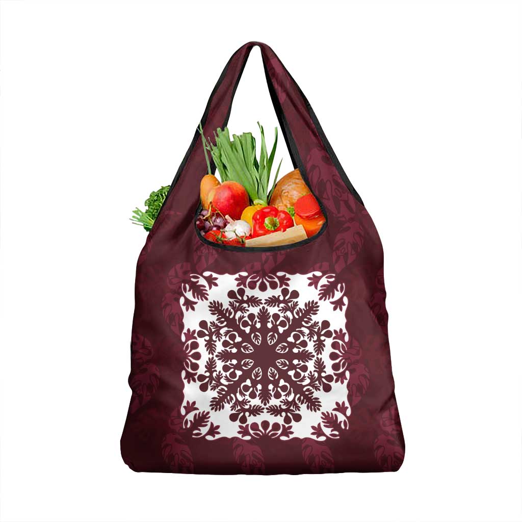 Palm Leaf Quilt Pattern Grocery Bag Hawaii Culture Floral LT9 1-pack One Size Oxblood - Polynesian Pride