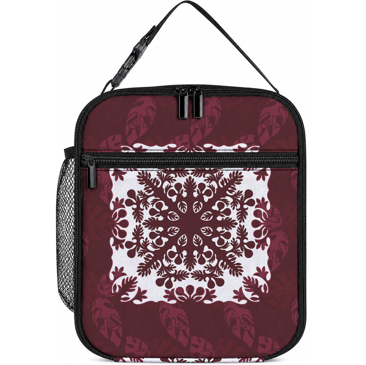 Palm Leaf Quilt Pattern Lunch Bag Hawaii Culture Floral LT9 10.2 × 8.3 × 4.3 inch Oxblood - Polynesian Pride