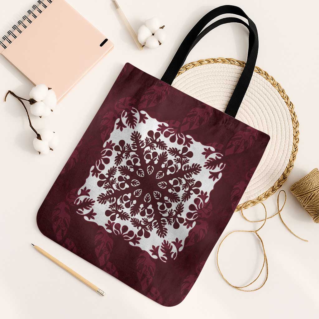 Palm Leaf Quilt Pattern Tote Bag Hawaii Culture Floral LT9 Black Strap One Size Oxblood - Polynesian Pride